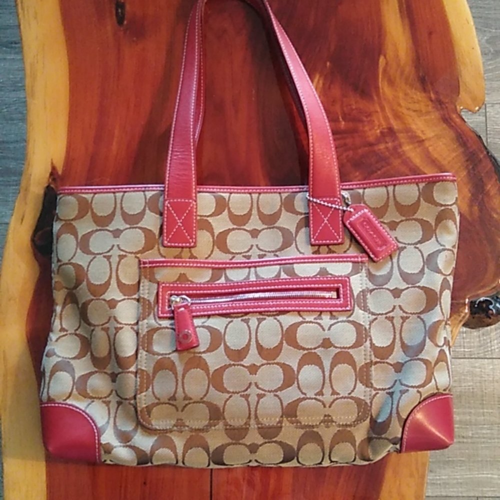 COACH Rare Signature Tn & Red zip top Tote